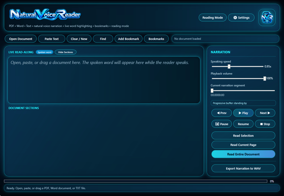 Natural Voice Reader Windows application interface