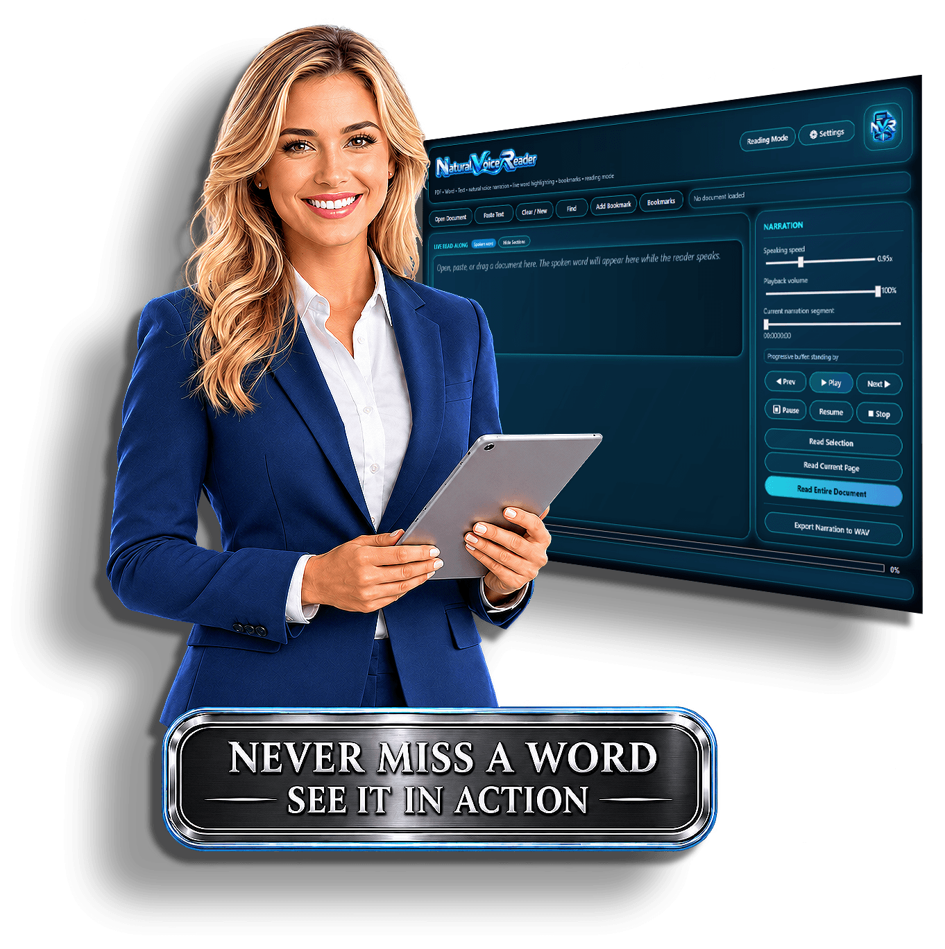 Natural Voice Reader Windows application showing live read-along, narration controls, document sections, bookmarks, and synchronized word highlighting